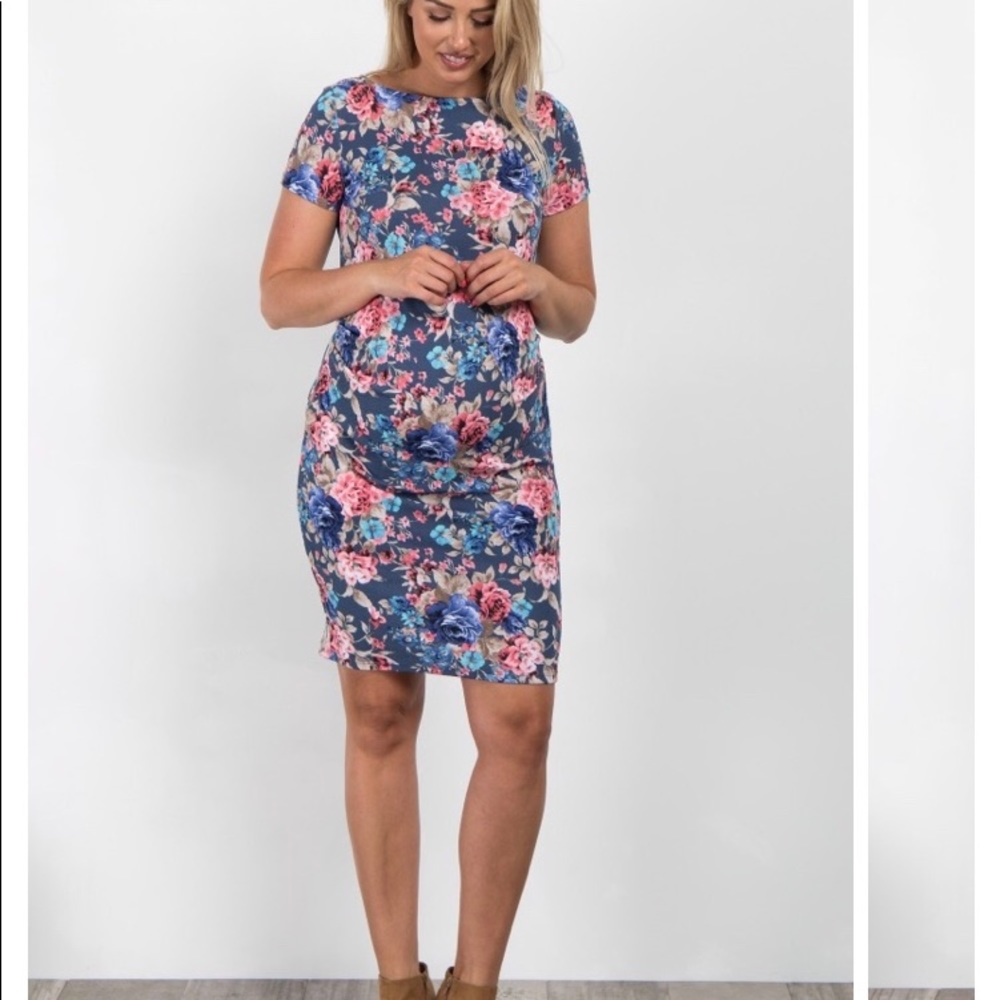 Blue Floral Print Fitted Maternity Dress